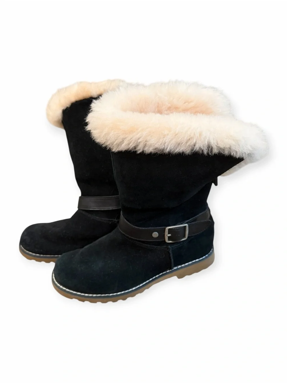 NWOT, UGG, Kids Black Suede Boots with Shearling Trim, Size 4